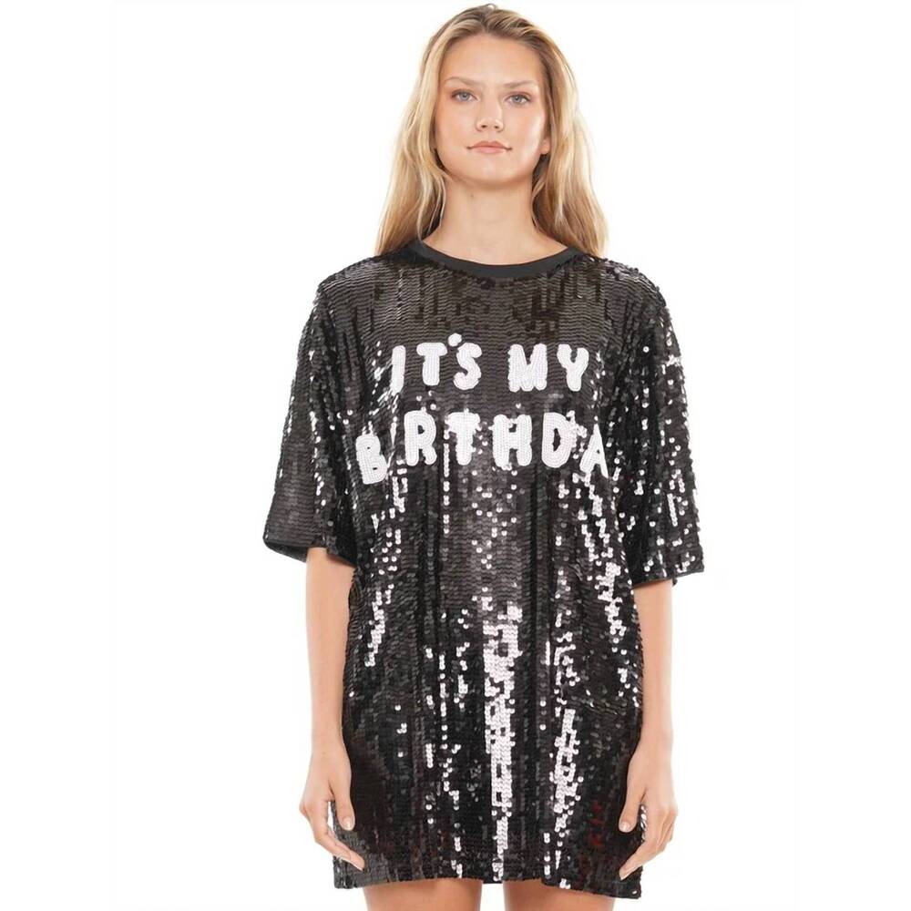 NEW WHY DRESS it's my birthday block letter sequin dress in black